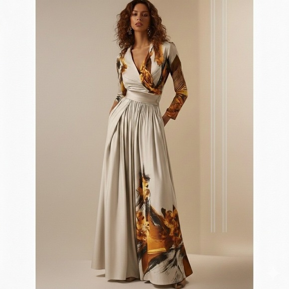 Long Sleeves Loose Floral Printed Pleated Split-Joint V-Neck Jumpsuits Size 6